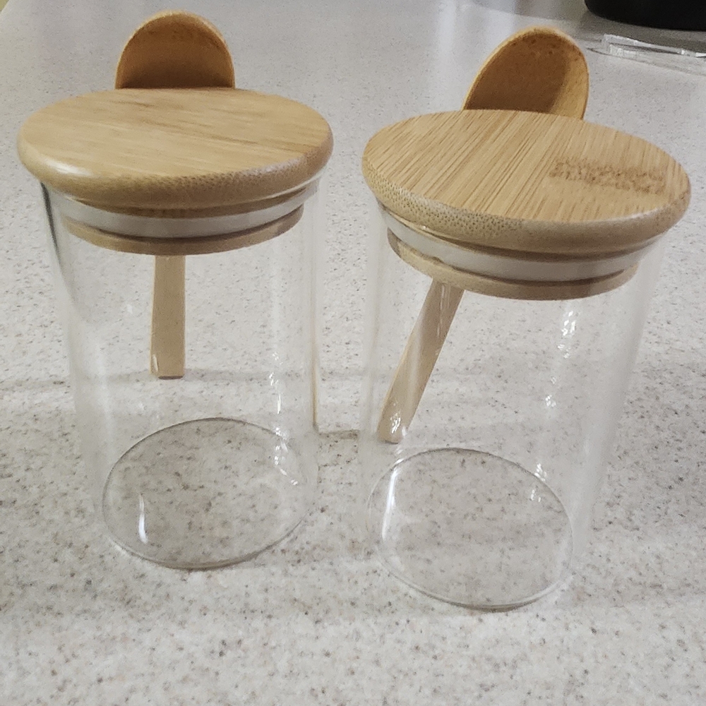 Glass Spice Jars with Bamboo Lids and Spoons - Set of 2